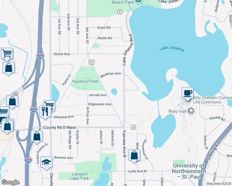 map of restaurants, bars, coffee shops, grocery stores, and more near 3235 Lake Johanna Boulevard in Arden Hills
