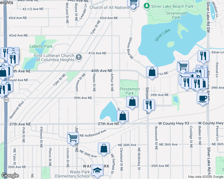 map of restaurants, bars, coffee shops, grocery stores, and more near 3916 Arthur Street Northeast in Minneapolis