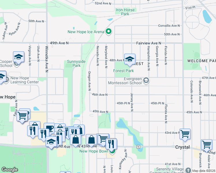 map of restaurants, bars, coffee shops, grocery stores, and more near 4617 Maryland Avenue North in Minneapolis