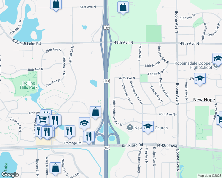 map of restaurants, bars, coffee shops, grocery stores, and more near 4641 Independence Avenue North in Minneapolis