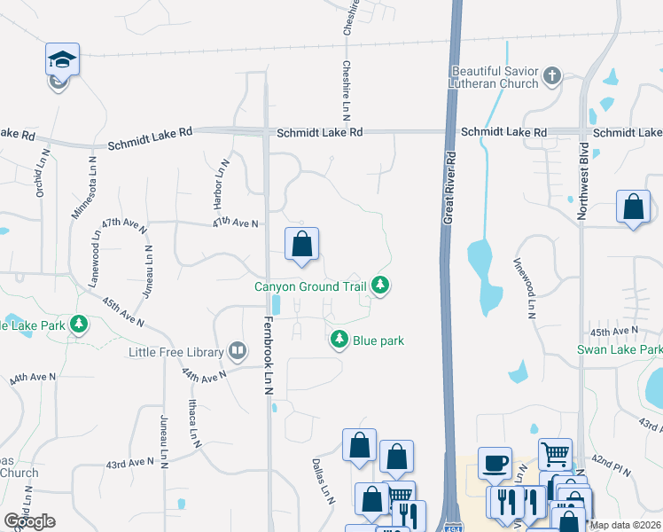 map of restaurants, bars, coffee shops, grocery stores, and more near 14115 46th Place North in Minneapolis