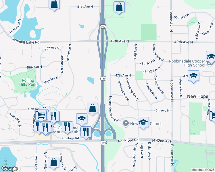 map of restaurants, bars, coffee shops, grocery stores, and more near 4641 Independence Avenue North in Minneapolis