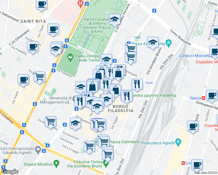map of restaurants, bars, coffee shops, grocery stores, and more near 55 Via Filadelfia in Torino