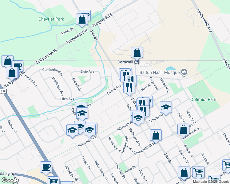 map of restaurants, bars, coffee shops, grocery stores, and more near 112 Emma Avenue in Cornwall
