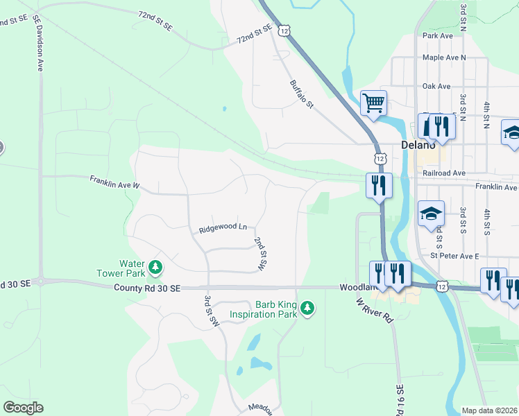 map of restaurants, bars, coffee shops, grocery stores, and more near 618 Anne Court in Delano