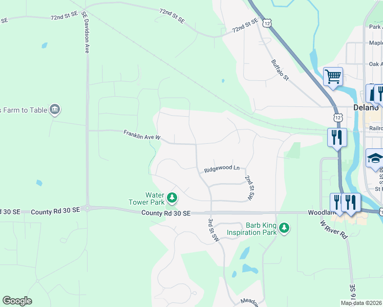 map of restaurants, bars, coffee shops, grocery stores, and more near 249 West 3rd Street in Delano