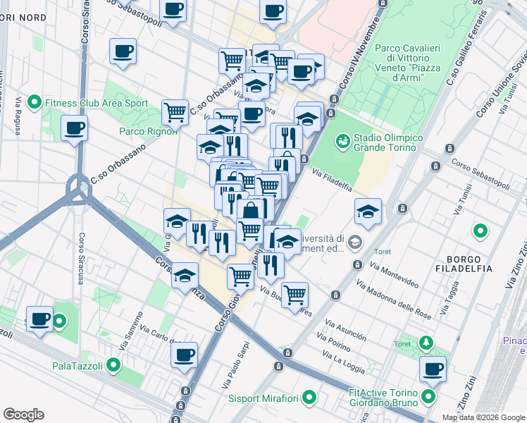 map of restaurants, bars, coffee shops, grocery stores, and more near 5 Via Boston in Turin