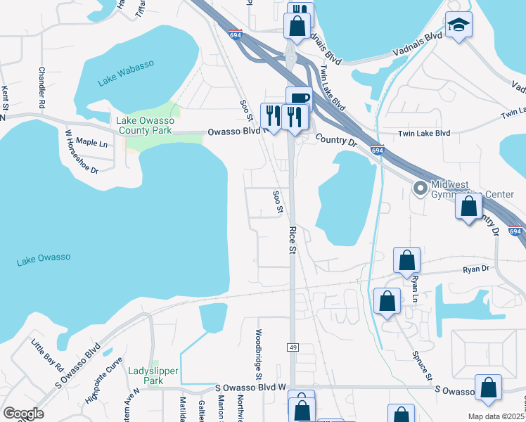map of restaurants, bars, coffee shops, grocery stores, and more near 185 Edgewater Avenue in Shoreview