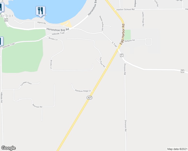 map of restaurants, bars, coffee shops, grocery stores, and more near 7573 Wisconsin 42 in Egg Harbor