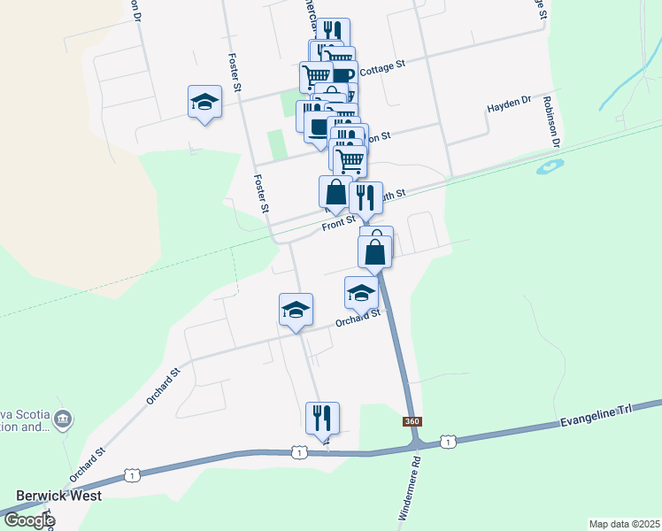 map of restaurants, bars, coffee shops, grocery stores, and more near 105 Pleasant Street in Berwick