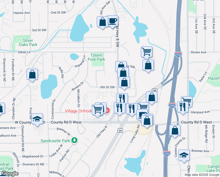 map of restaurants, bars, coffee shops, grocery stores, and more near 891 6th Street Southwest in New Brighton