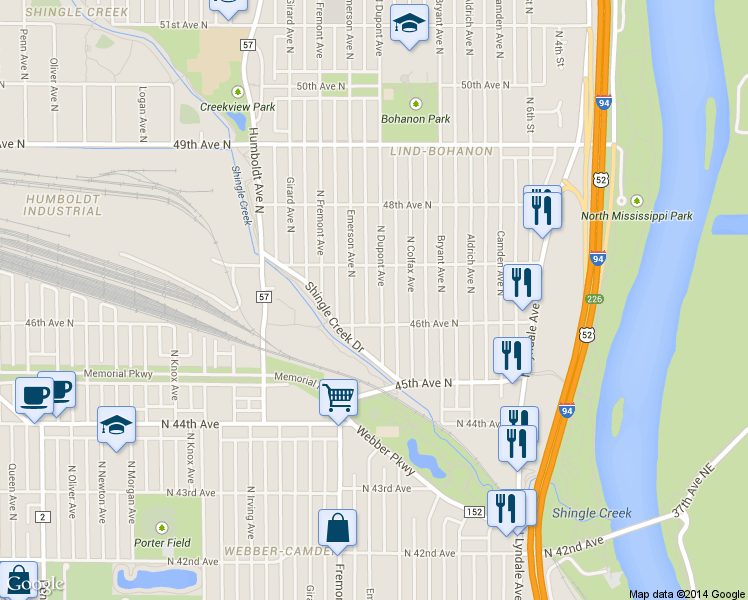 map of restaurants, bars, coffee shops, grocery stores, and more near 4614 North Dupont Avenue in Minneapolis