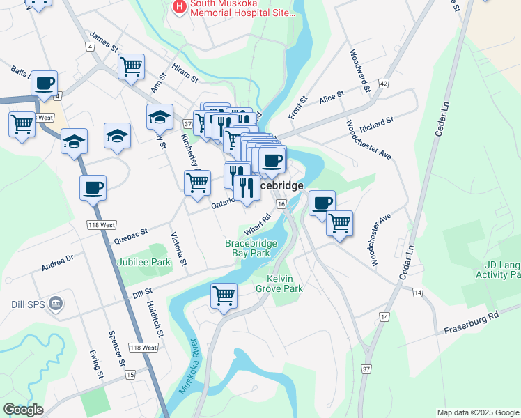 map of restaurants, bars, coffee shops, grocery stores, and more near 24 Ontario Street in Bracebridge