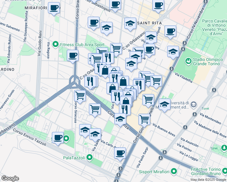 map of restaurants, bars, coffee shops, grocery stores, and more near 184 Via Gorizia in Turin