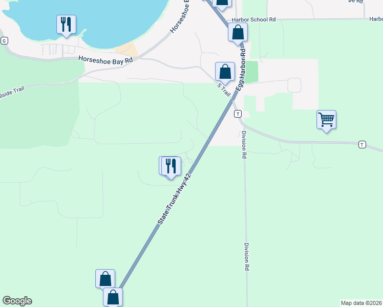 map of restaurants, bars, coffee shops, grocery stores, and more near 7573 Wisconsin 42 in Egg Harbor