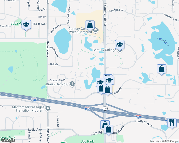 map of restaurants, bars, coffee shops, grocery stores, and more near 2665 Sumac Ridge in White Bear Lake