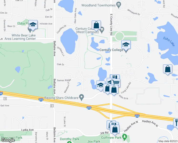 map of restaurants, bars, coffee shops, grocery stores, and more near 2628 Sumac Ridge in White Bear Lake