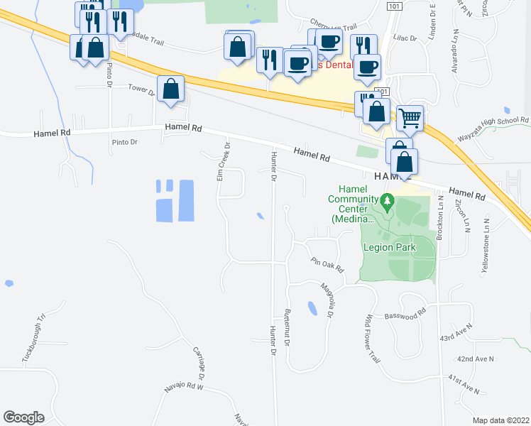 map of restaurants, bars, coffee shops, grocery stores, and more near 3355 Hunter Drive in Medina
