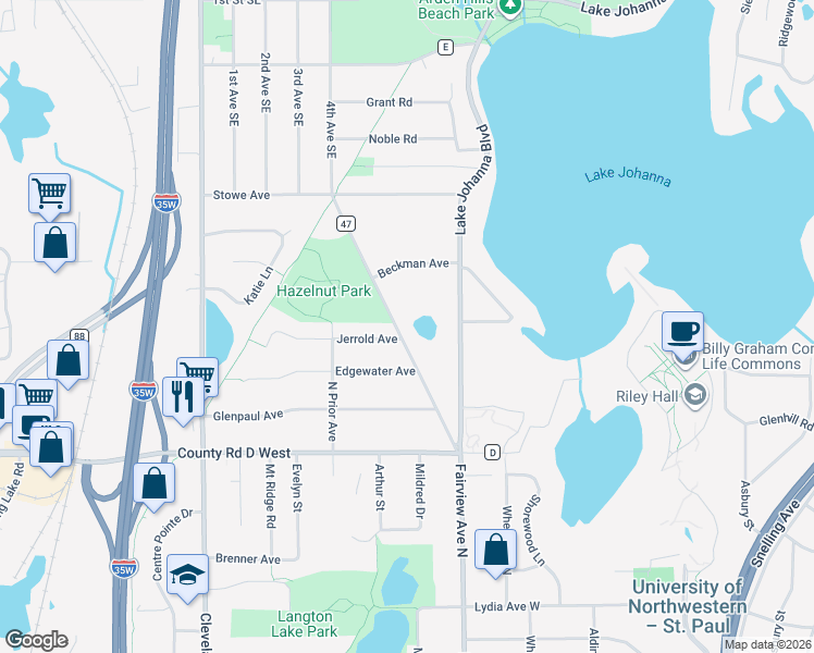 map of restaurants, bars, coffee shops, grocery stores, and more near 3243 New Brighton Road in Arden Hills