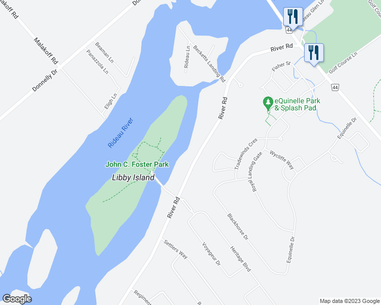 map of restaurants, bars, coffee shops, grocery stores, and more near 2515 River Road in Kemptville