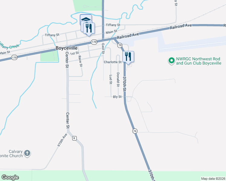 map of restaurants, bars, coffee shops, grocery stores, and more near 1206 Donald Street in Boyceville
