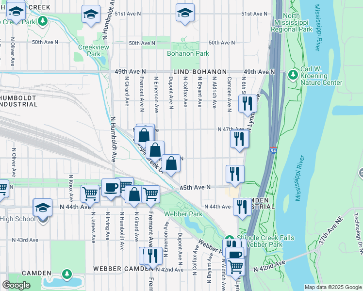 map of restaurants, bars, coffee shops, grocery stores, and more near 4618 North Colfax Avenue in Minneapolis