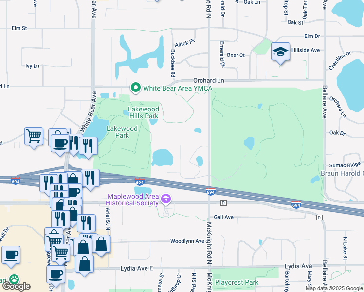 map of restaurants, bars, coffee shops, grocery stores, and more near 3232 Karth Road in White Bear Lake