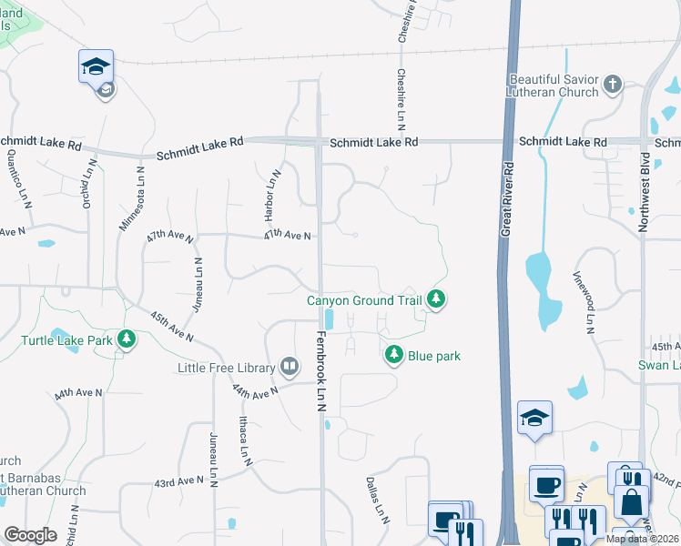 map of restaurants, bars, coffee shops, grocery stores, and more near 14215 46th Place North in Minneapolis
