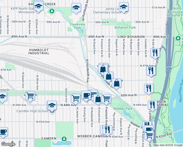 map of restaurants, bars, coffee shops, grocery stores, and more near 4600 Humboldt Avenue North in Minneapolis