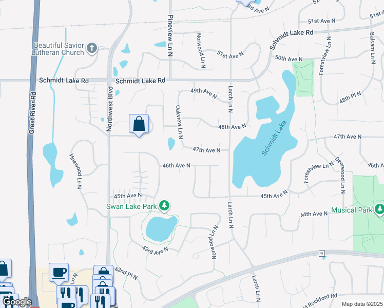 map of restaurants, bars, coffee shops, grocery stores, and more near 12520 46th Avenue North in Minneapolis