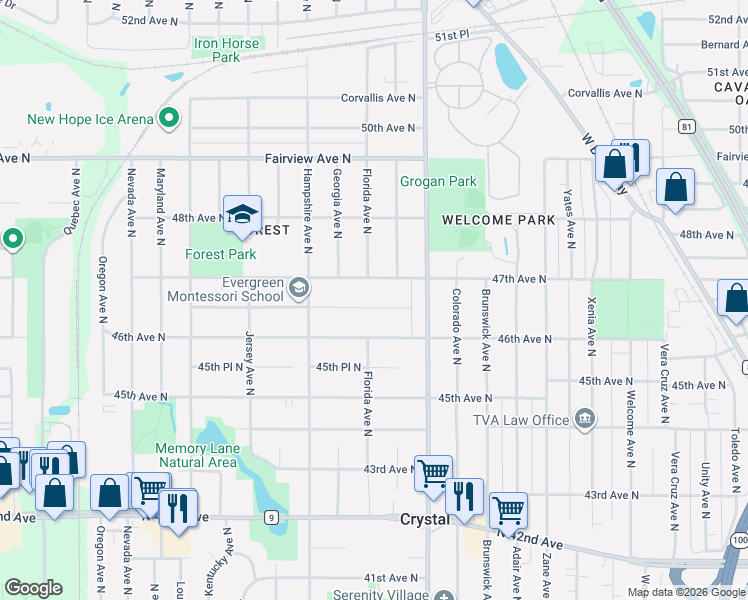 map of restaurants, bars, coffee shops, grocery stores, and more near 6507 46th Place North in Minneapolis
