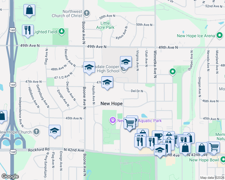map of restaurants, bars, coffee shops, grocery stores, and more near 8301 47th Avenue North in Minneapolis