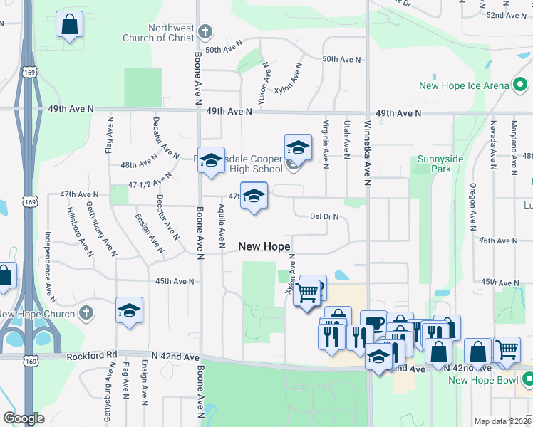 map of restaurants, bars, coffee shops, grocery stores, and more near 8301 47th Avenue North in Minneapolis
