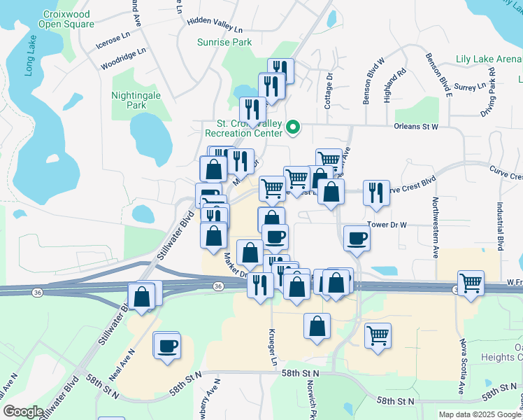 map of restaurants, bars, coffee shops, grocery stores, and more near 1801 Market Drive in Stillwater