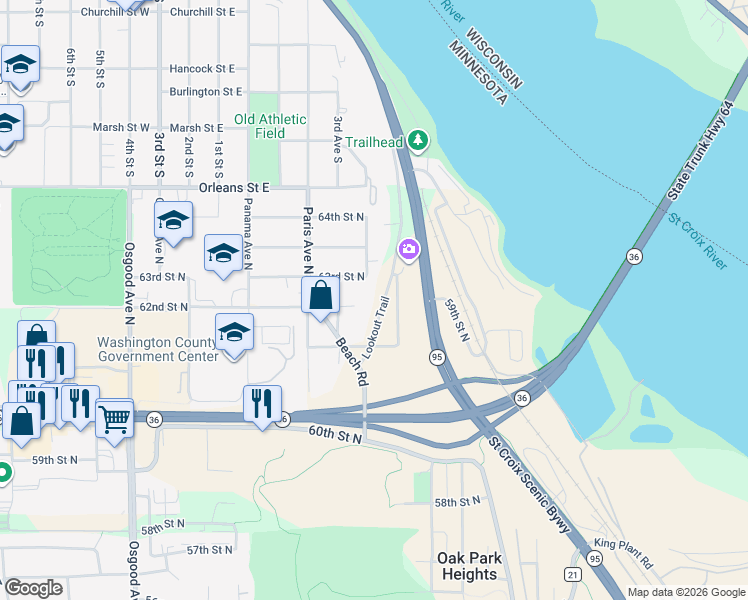 map of restaurants, bars, coffee shops, grocery stores, and more near 6216 Lookout Trail in Stillwater