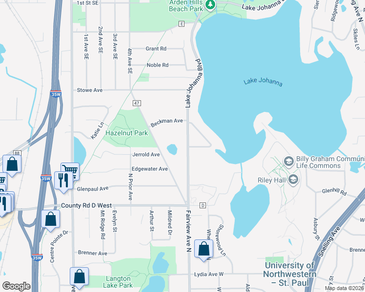 map of restaurants, bars, coffee shops, grocery stores, and more near 3235 Lake Johanna Boulevard in Arden Hills