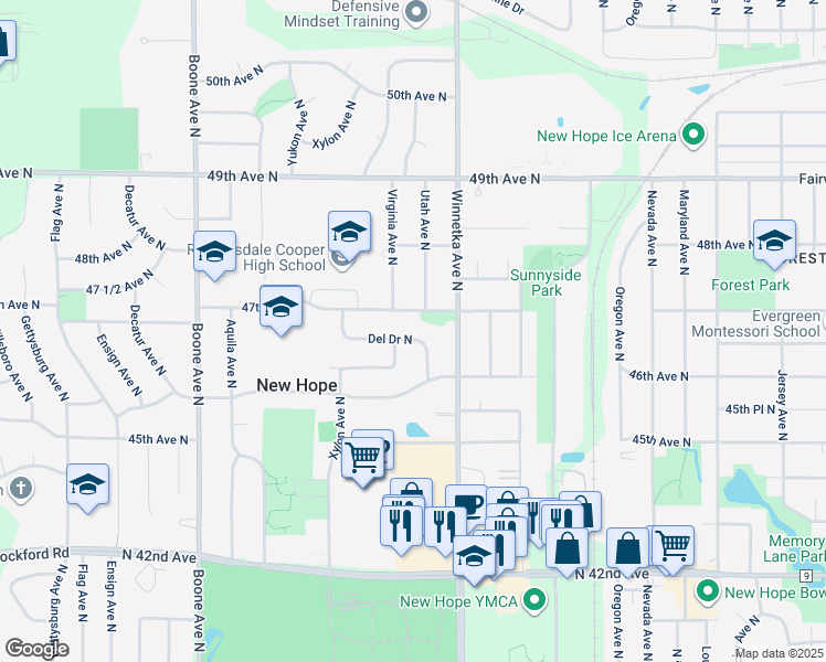 map of restaurants, bars, coffee shops, grocery stores, and more near 8019 Del Drive North in Minneapolis