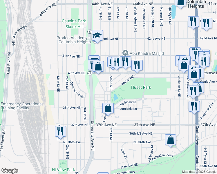 map of restaurants, bars, coffee shops, grocery stores, and more near 351 Jolly Lane in Columbia Heights