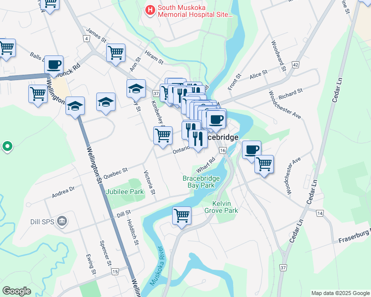 map of restaurants, bars, coffee shops, grocery stores, and more near 12 Mahaffy Court in Bracebridge