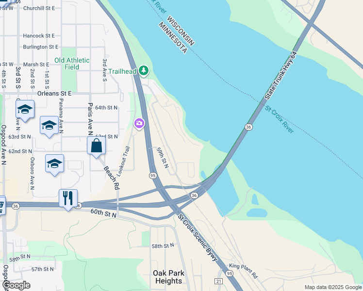map of restaurants, bars, coffee shops, grocery stores, and more near 6201 Saint Croix Trail North in Oak Park Heights