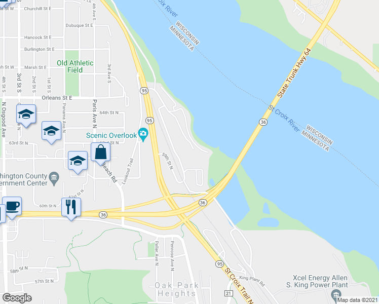 map of restaurants, bars, coffee shops, grocery stores, and more near 6213 Saint Croix Trail in Stillwater