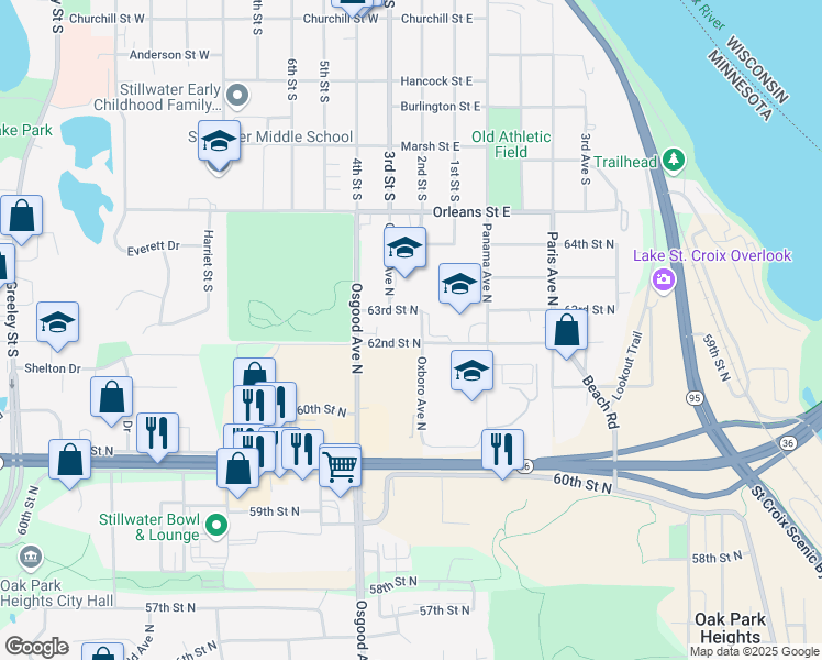 map of restaurants, bars, coffee shops, grocery stores, and more near 14870 62nd Street North in Oak Park Heights