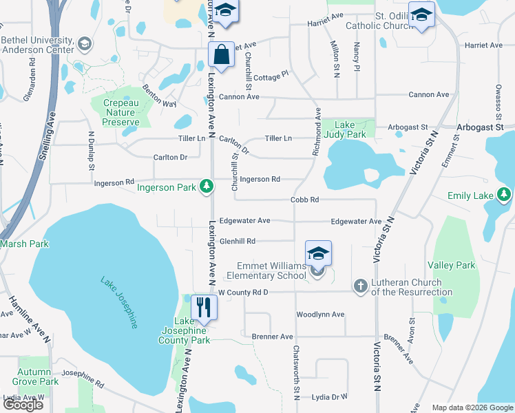 map of restaurants, bars, coffee shops, grocery stores, and more near 1029 Edgewater Avenue in Shoreview