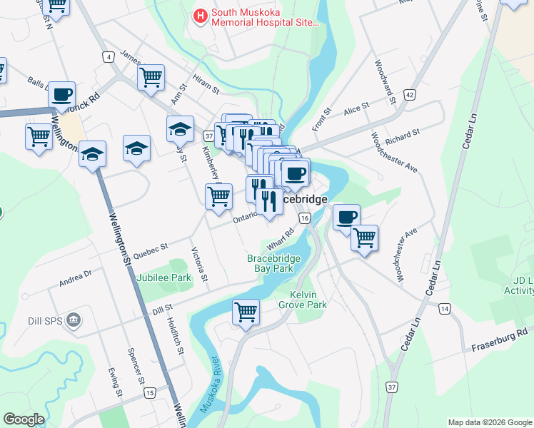 map of restaurants, bars, coffee shops, grocery stores, and more near 2 Mahaffy Court in Bracebridge
