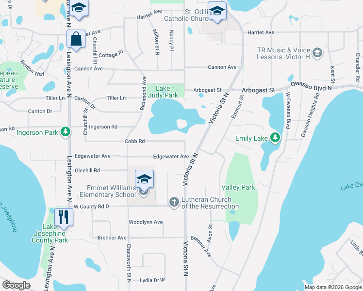 map of restaurants, bars, coffee shops, grocery stores, and more near 855 Edgewater Avenue in Shoreview