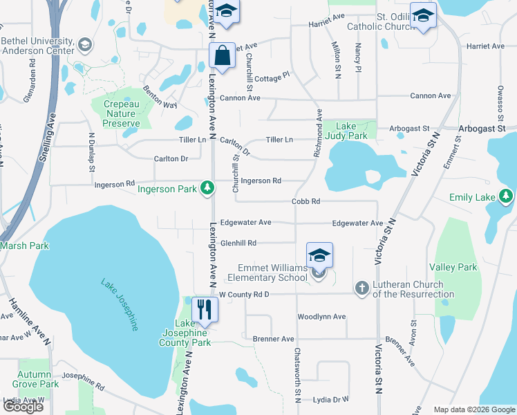 map of restaurants, bars, coffee shops, grocery stores, and more near 1029 Edgewater Avenue in Shoreview