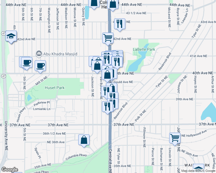 map of restaurants, bars, coffee shops, grocery stores, and more near 3924 Central Avenue Northeast in Minneapolis