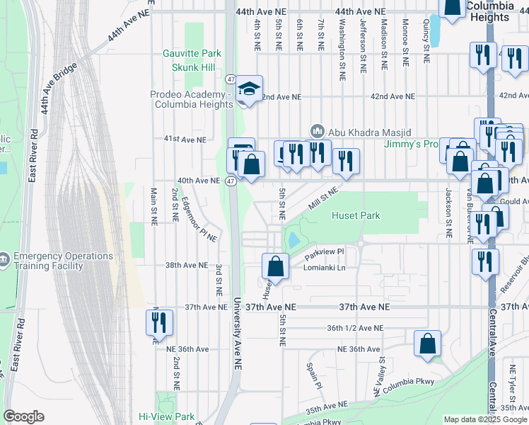 map of restaurants, bars, coffee shops, grocery stores, and more near 351 Jolly Lane in Columbia Heights