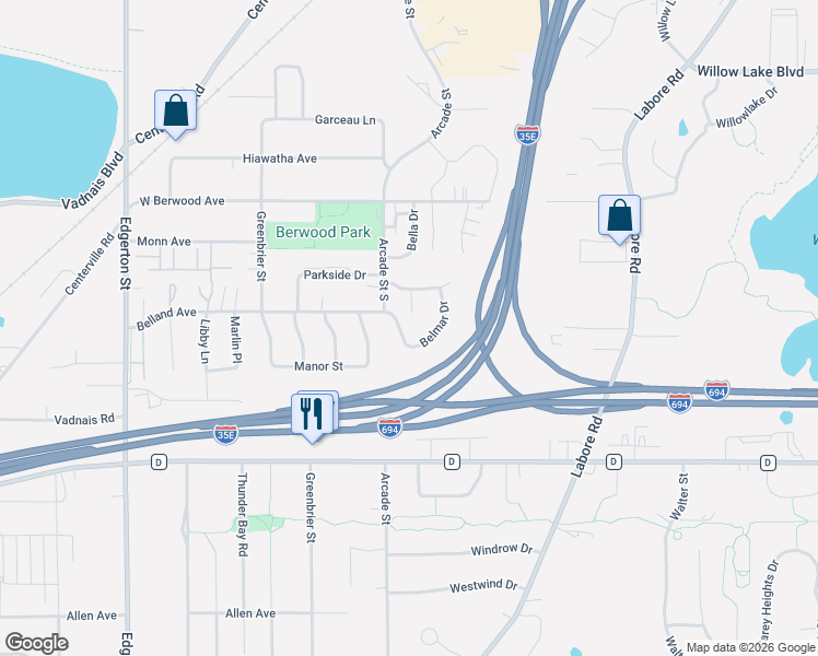 map of restaurants, bars, coffee shops, grocery stores, and more near 3248 Belmar Drive in Vadnais Heights