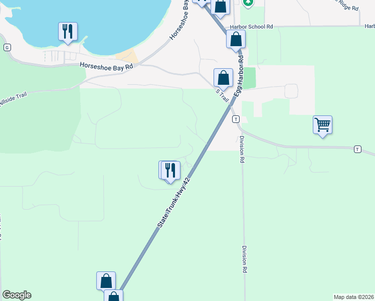 map of restaurants, bars, coffee shops, grocery stores, and more near 7573 Wisconsin 42 in Egg Harbor